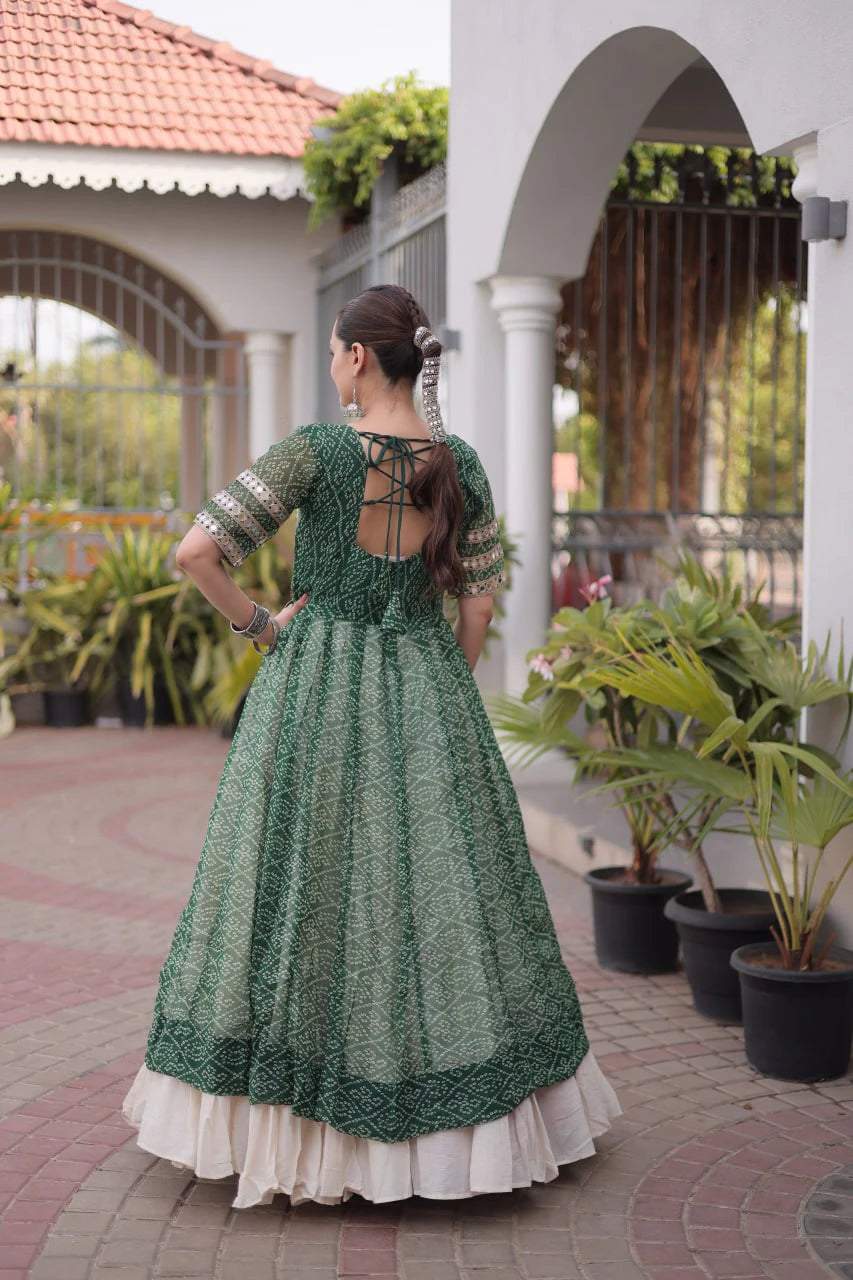 Designer Green Bandhani Kurti with Frill Style Kora Cotton Flared Lehenga for Navratri