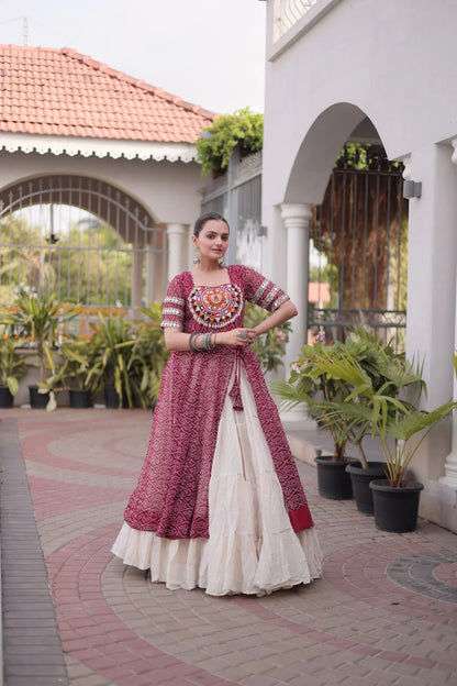 Designer New Bandhani Kurti with Frill Style Kora Cotton Flared Lehenga for Navratri