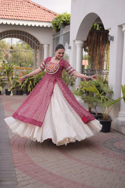 Designer New Bandhani Kurti with Frill Style Kora Cotton Flared Lehenga for Navratri