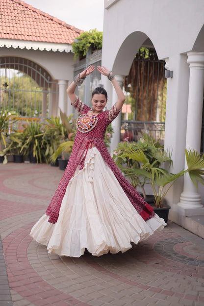Designer New Bandhani Kurti with Frill Style Kora Cotton Flared Lehenga for Navratri