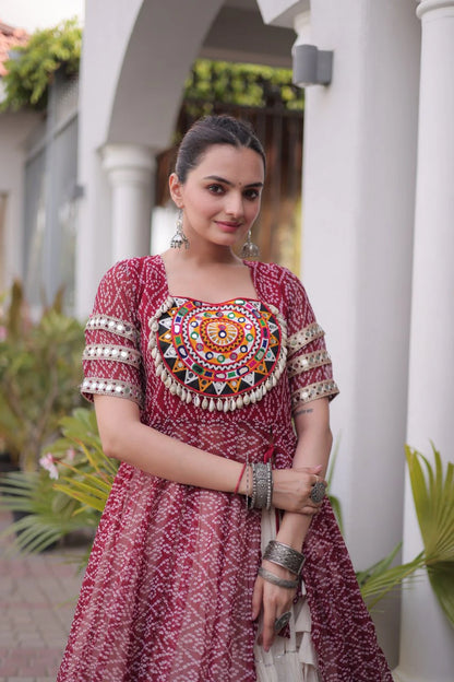 Designer New Bandhani Kurti with Frill Style Kora Cotton Flared Lehenga for Navratri