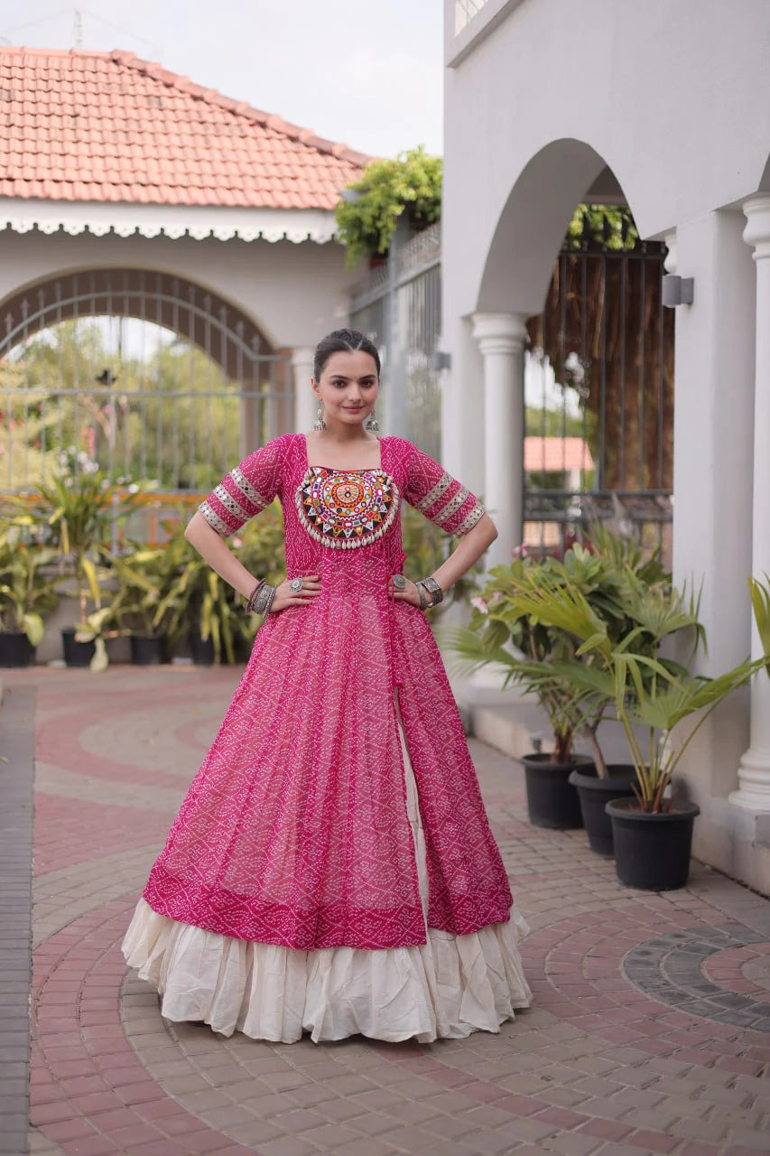 Designer Pink Bandhani Kurti with Frill Style Kora Cotton Flared Lehenga for Navratri