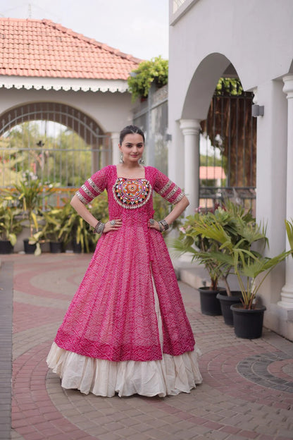 Designer Pink Bandhani Kurti with Frill Style Kora Cotton Flared Lehenga for Navratri