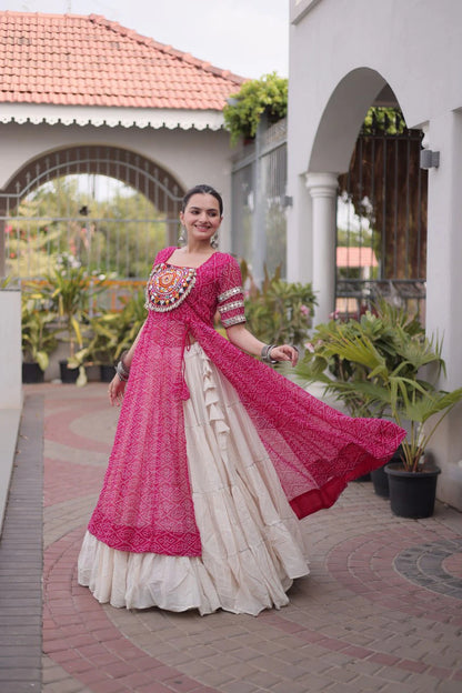 Designer Pink Bandhani Kurti with Frill Style Kora Cotton Flared Lehenga for Navratri