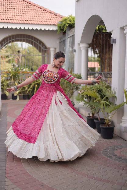 Designer Pink Bandhani Kurti with Frill Style Kora Cotton Flared Lehenga for Navratri