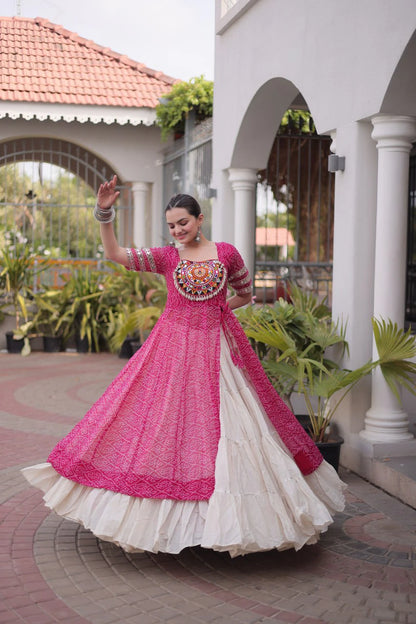 Designer Pink Bandhani Kurti with Frill Style Kora Cotton Flared Lehenga for Navratri