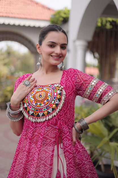 Designer Pink Bandhani Kurti with Frill Style Kora Cotton Flared Lehenga for Navratri