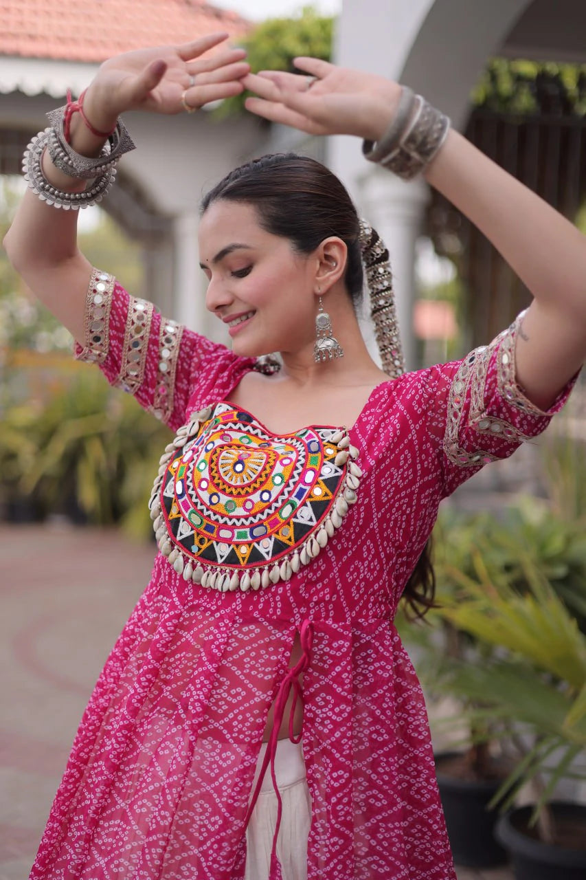 Designer Pink Bandhani Kurti with Frill Style Kora Cotton Flared Lehenga for Navratri