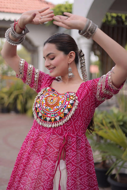 Designer Pink Bandhani Kurti with Frill Style Kora Cotton Flared Lehenga for Navratri