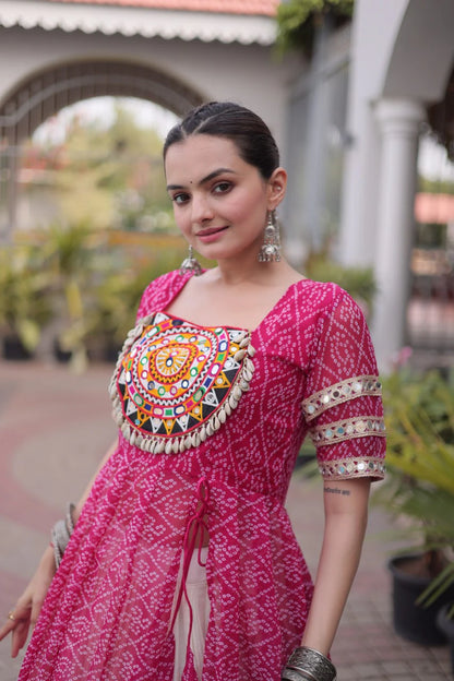 Designer Pink Bandhani Kurti with Frill Style Kora Cotton Flared Lehenga for Navratri