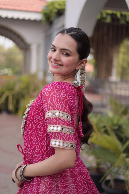 Designer Pink Bandhani Kurti with Frill Style Kora Cotton Flared Lehenga for Navratri