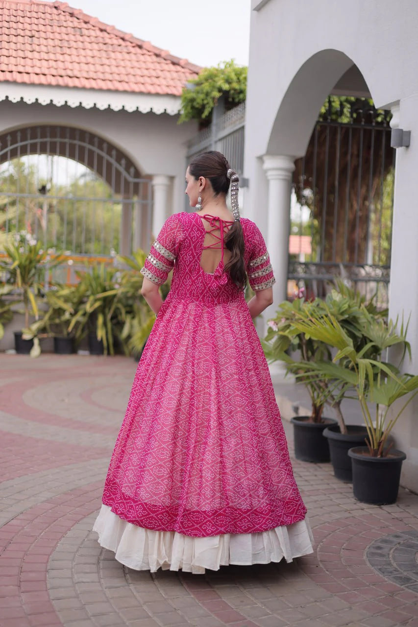 Designer Pink Bandhani Kurti with Frill Style Kora Cotton Flared Lehenga for Navratri