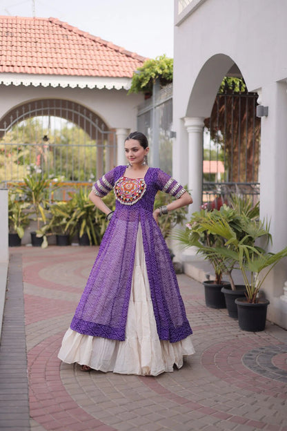Designer Bandhani Kurti with Frill Style Kora Cotton Flared Lehenga for Navratri