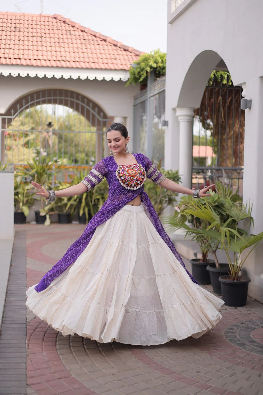 Designer Bandhani Kurti with Frill Style Kora Cotton Flared Lehenga for Navratri