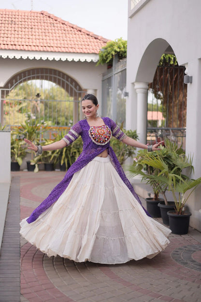 Designer Bandhani Kurti with Frill Style Kora Cotton Flared Lehenga for Navratri