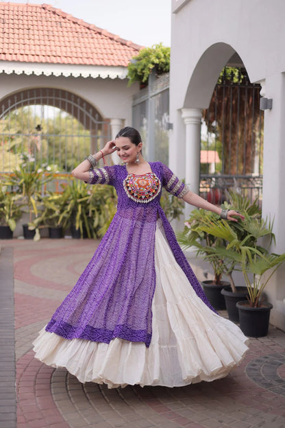 Designer Bandhani Kurti with Frill Style Kora Cotton Flared Lehenga for Navratri