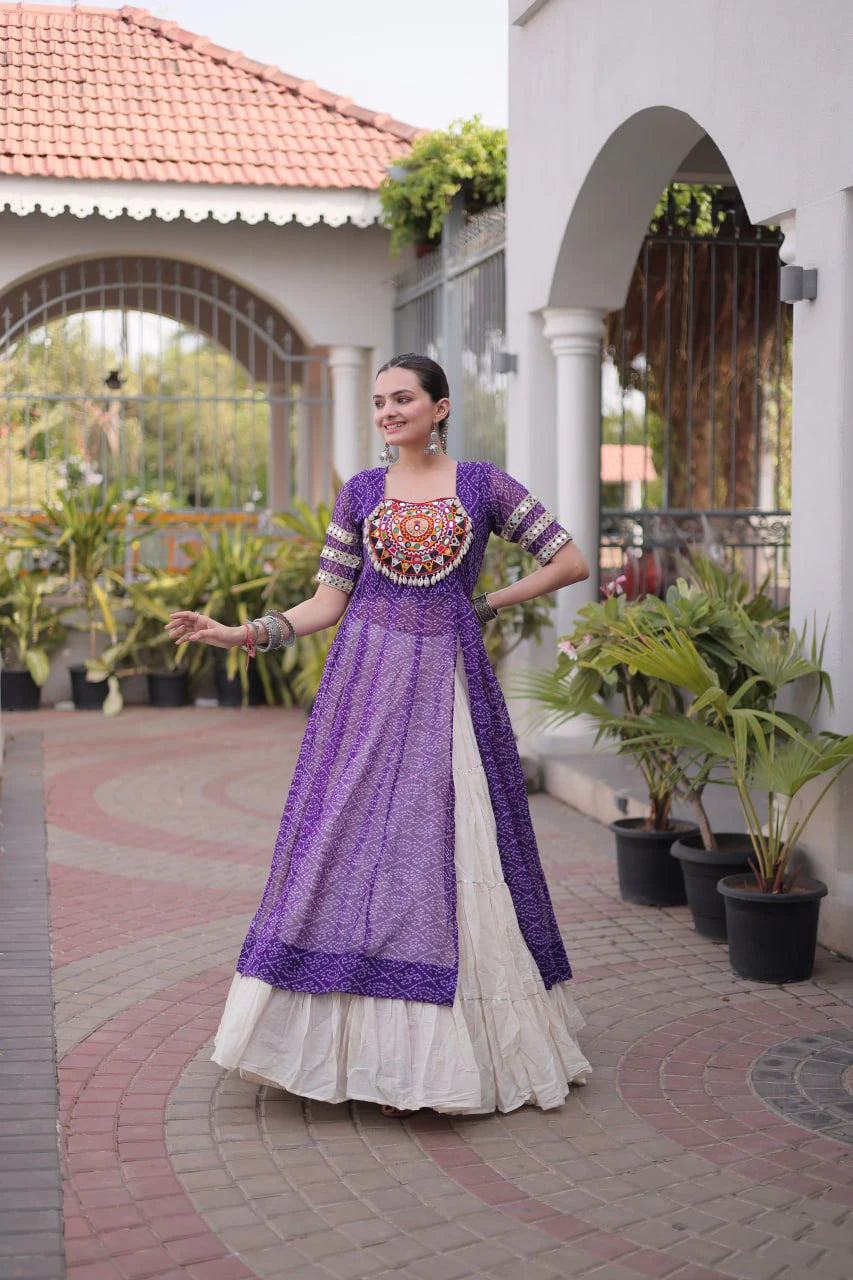 Designer Bandhani Kurti with Frill Style Kora Cotton Flared Lehenga for Navratri