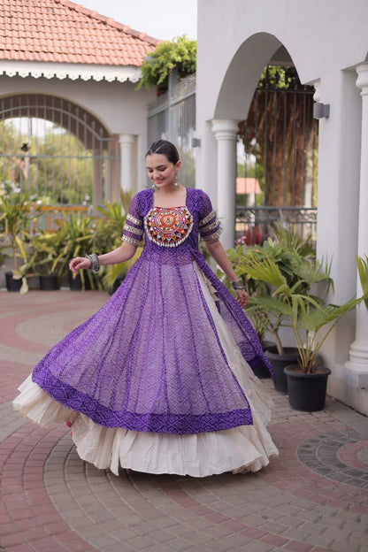 Designer Bandhani Kurti with Frill Style Kora Cotton Flared Lehenga for Navratri