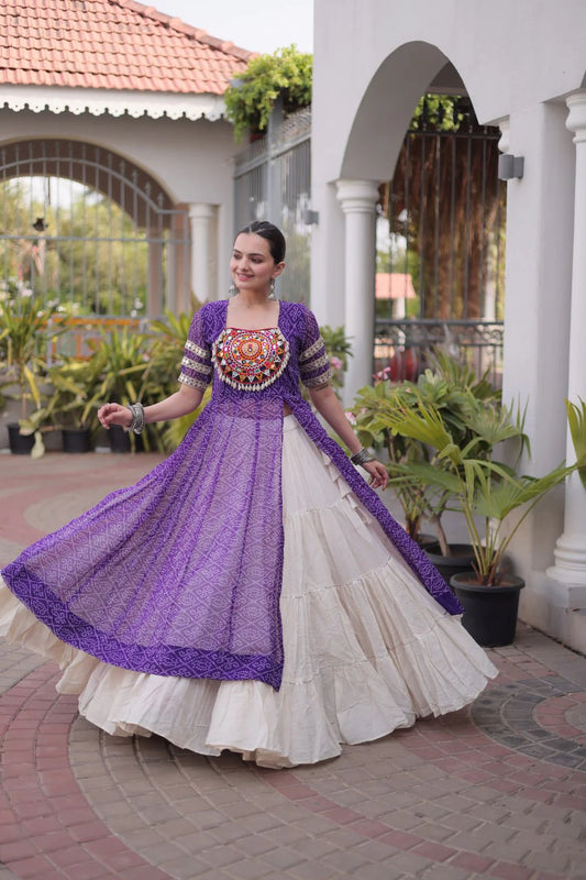 Designer Bandhani Kurti with Frill Style Kora Cotton Flared Lehenga for Navratri