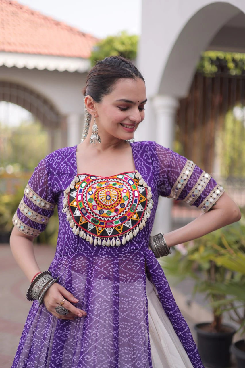 Designer Bandhani Kurti with Frill Style Kora Cotton Flared Lehenga for Navratri