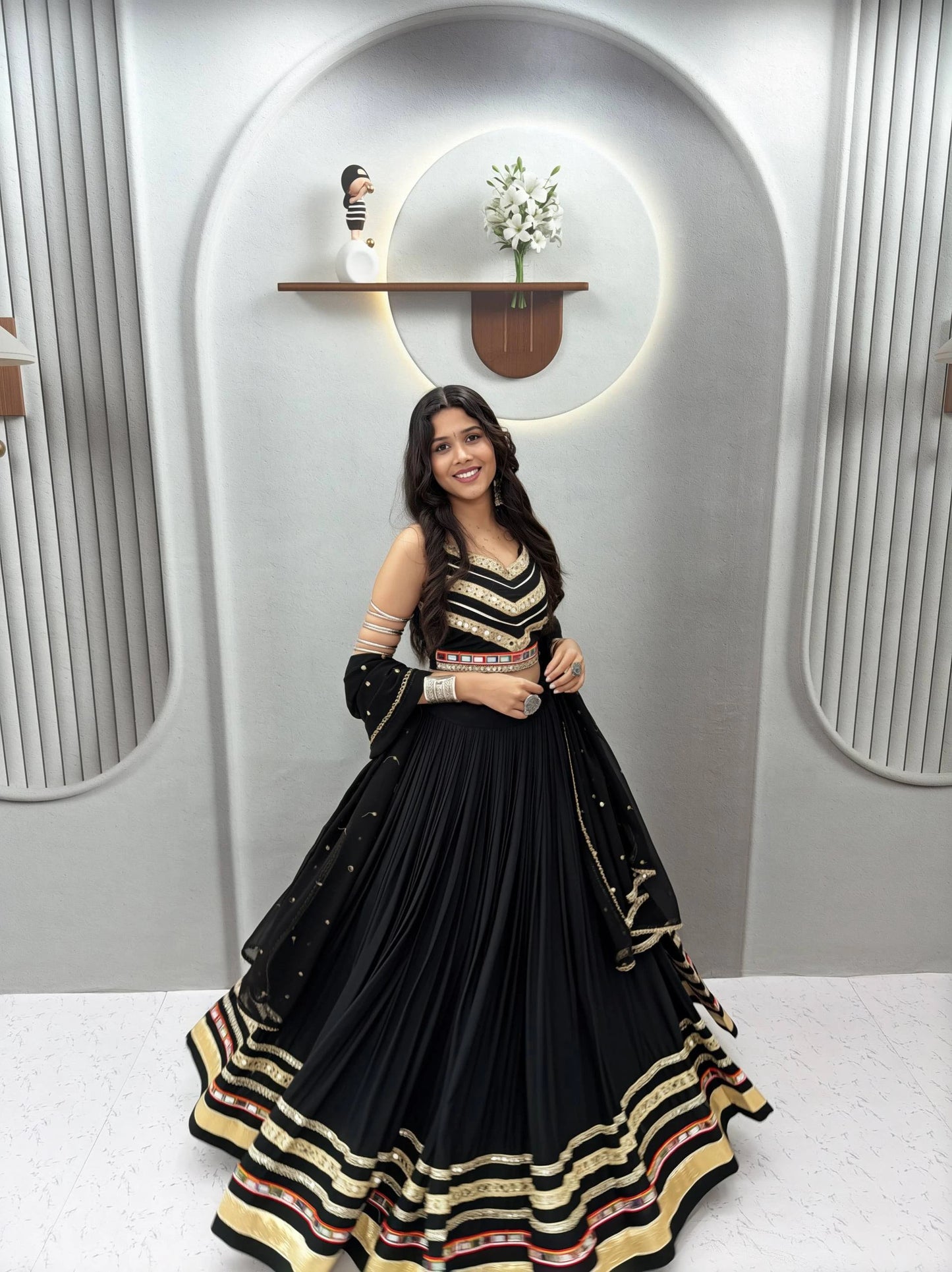 Black Designer Lehenga Choli for Women with Heavy Gamthi Work and Mirror Lace for Garba Navratri