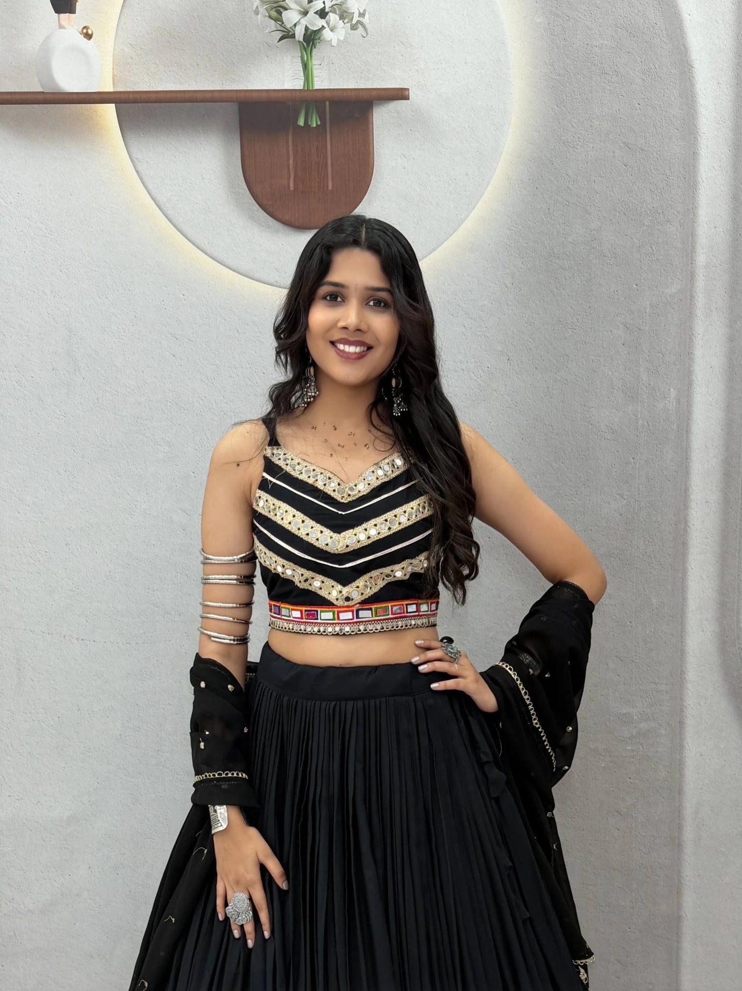Black Designer Lehenga Choli for Women with Heavy Gamthi Work and Mirror Lace for Garba Navratri