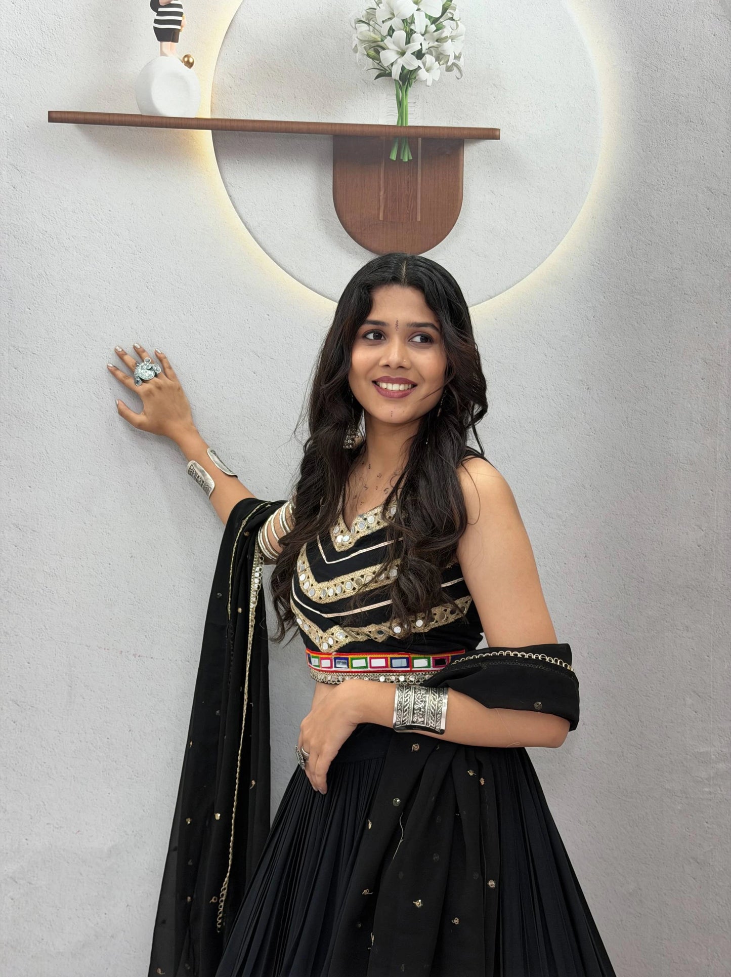 Black Designer Lehenga Choli for Women with Heavy Gamthi Work and Mirror Lace for Garba Navratri