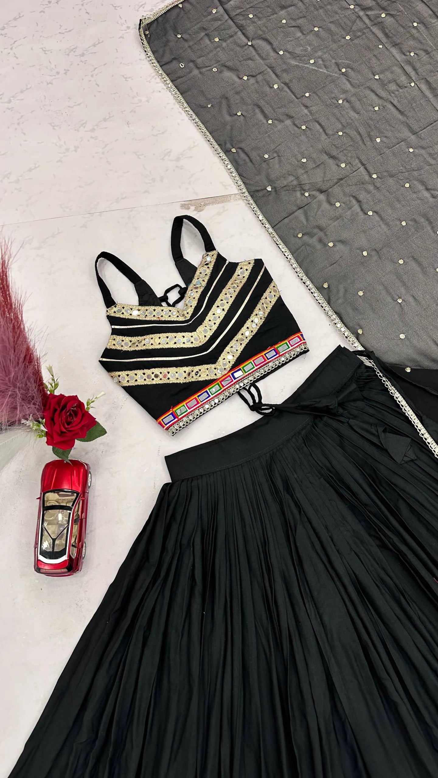 Black Designer Lehenga Choli for Women with Heavy Gamthi Work and Mirror Lace for Garba Navratri
