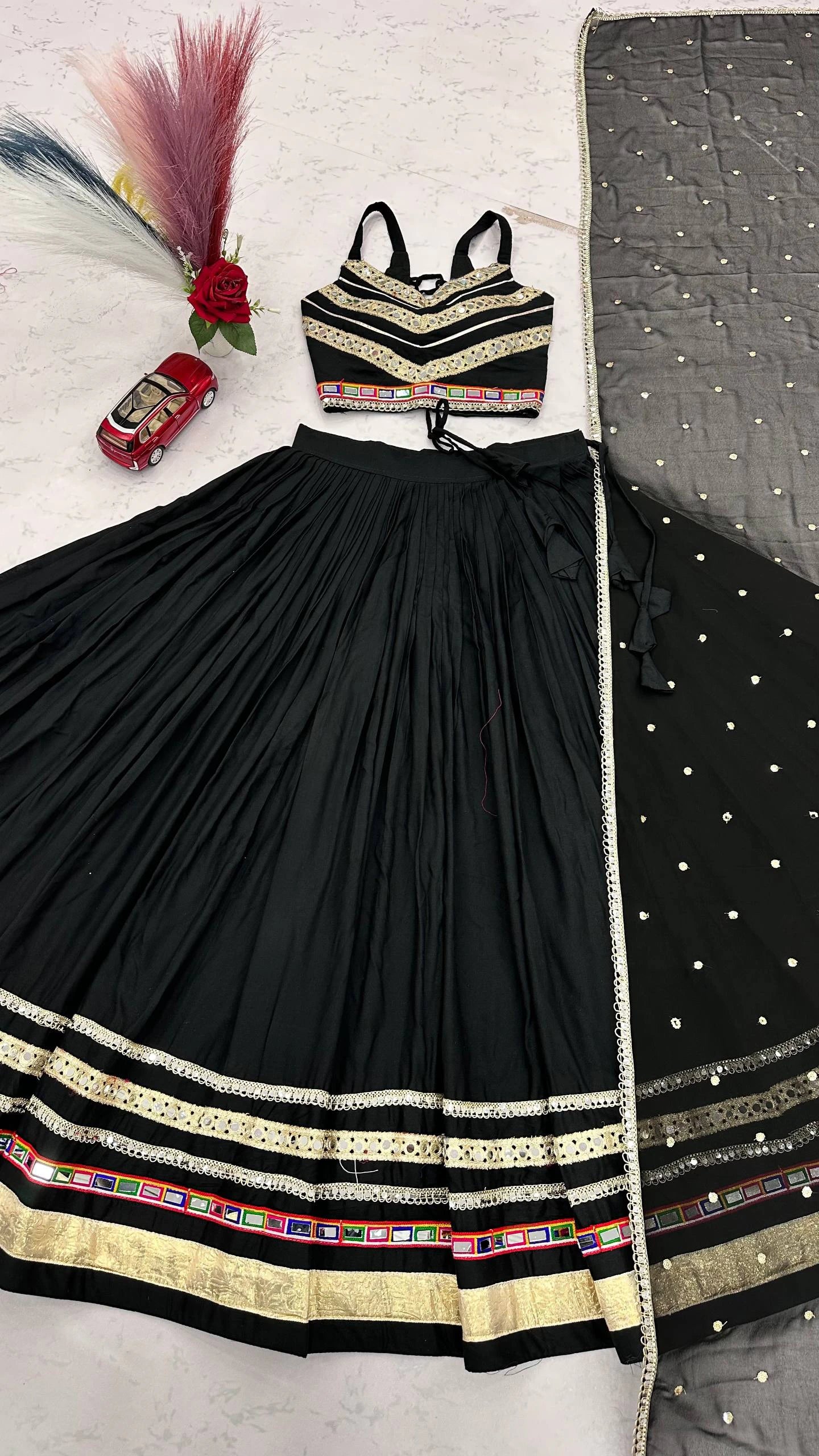 Black Designer Lehenga Choli for Women with Heavy Gamthi Work and Mirror Lace for Garba Navratri