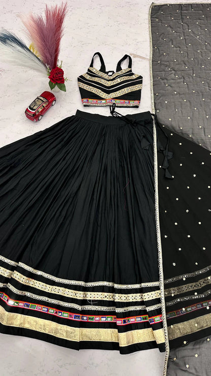 Black Designer Lehenga Choli for Women with Heavy Gamthi Work and Mirror Lace for Garba Navratri