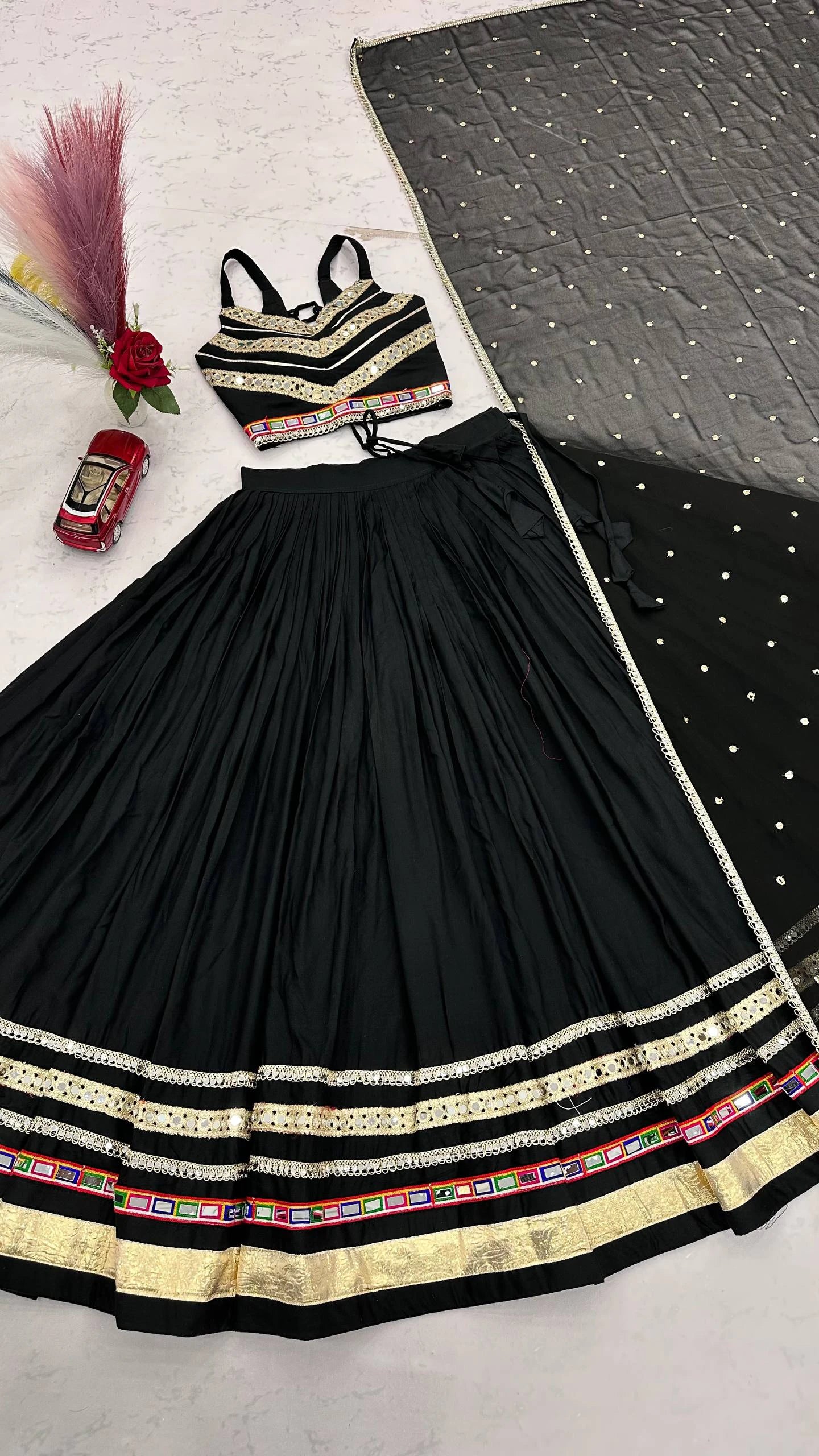 Black Designer Lehenga Choli for Women with Heavy Gamthi Work and Mirror Lace for Garba Navratri