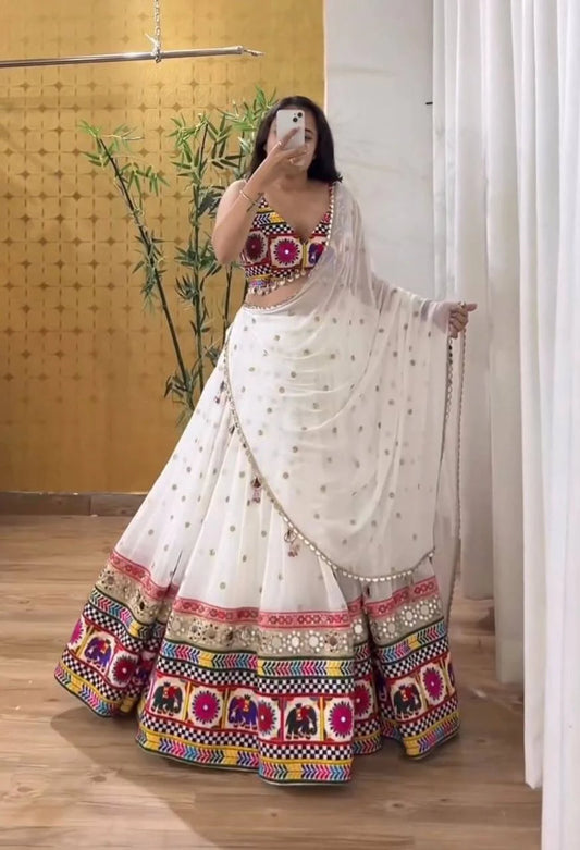 Women's navratri Special Faux Georgette Lehenga Choli with Real Mirror Work