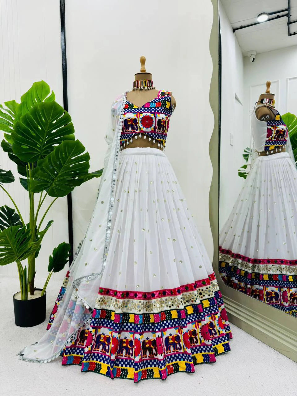 Women's navratri Special Faux Georgette Lehenga Choli with Real Mirror Work