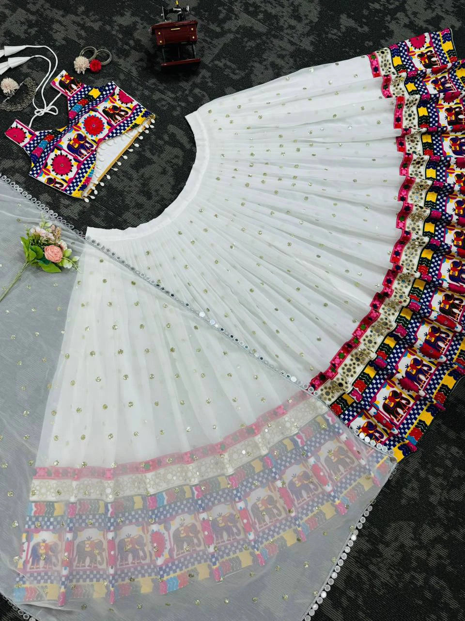Women's navratri Special Faux Georgette Lehenga Choli with Real Mirror Work