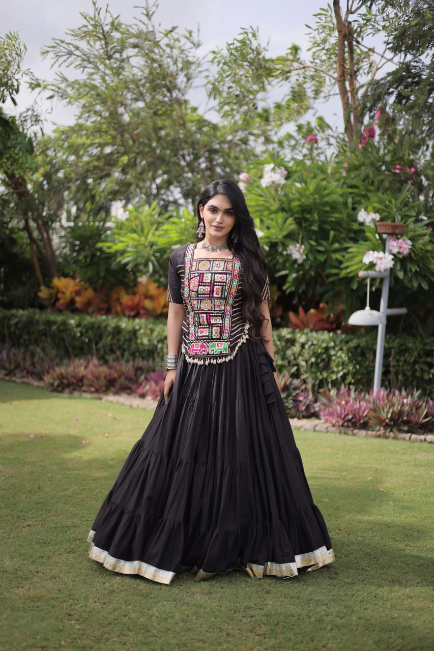 Designer Cotton Lehenga Choli Set with Kutchi Patchwork Blouse and 12 Meter Flared Lehenga
