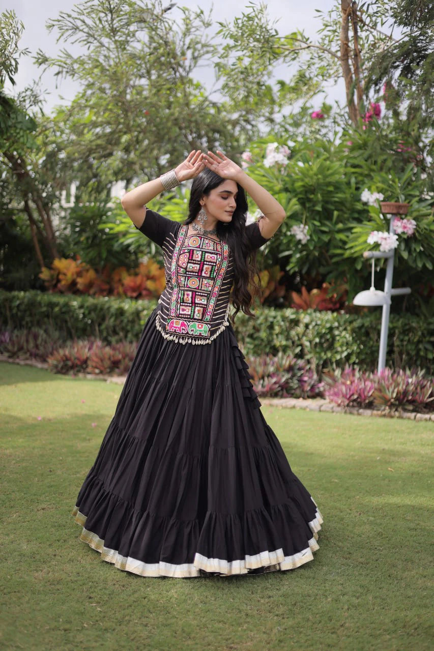 Designer Cotton Lehenga Choli Set with Kutchi Patchwork Blouse and 12 Meter Flared Lehenga