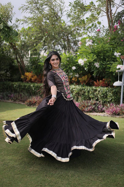 Designer Cotton Lehenga Choli Set with Kutchi Patchwork Blouse and 12 Meter Flared Lehenga