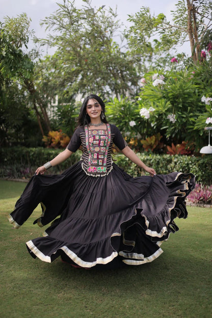 Designer Cotton Lehenga Choli Set with Kutchi Patchwork Blouse and 12 Meter Flared Lehenga