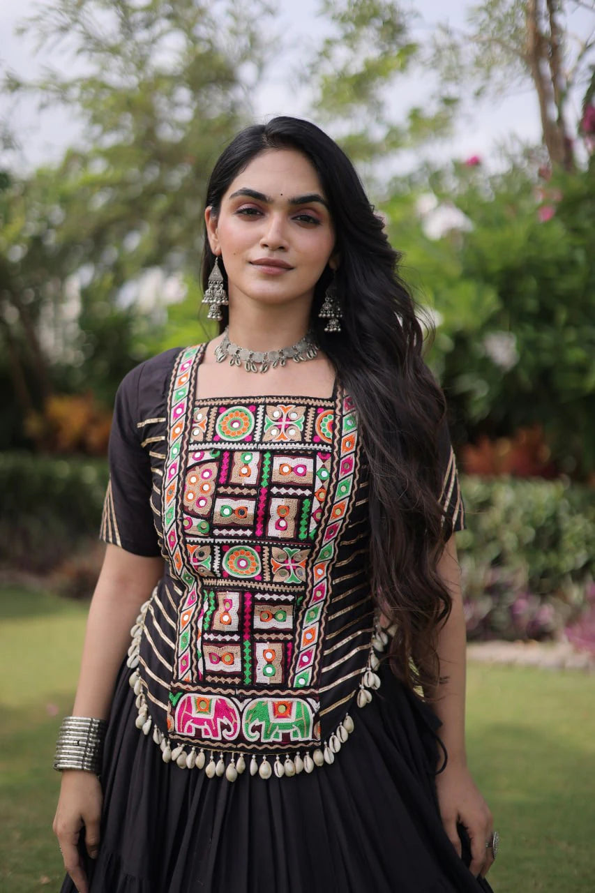 Designer Cotton Lehenga Choli Set with Kutchi Patchwork Blouse and 12 Meter Flared Lehenga