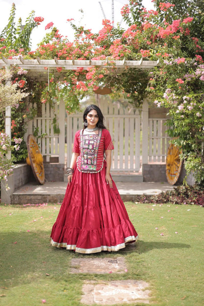 New Cotton Lehenga Choli Set with Kutchi Patchwork Blouse and 12 Meter Flared Lehenga
