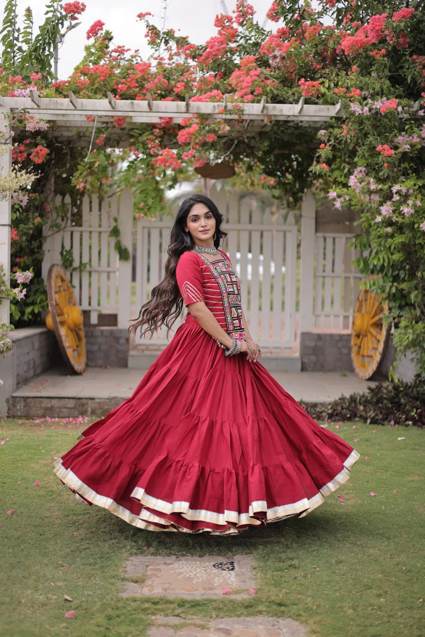 New Cotton Lehenga Choli Set with Kutchi Patchwork Blouse and 12 Meter Flared Lehenga