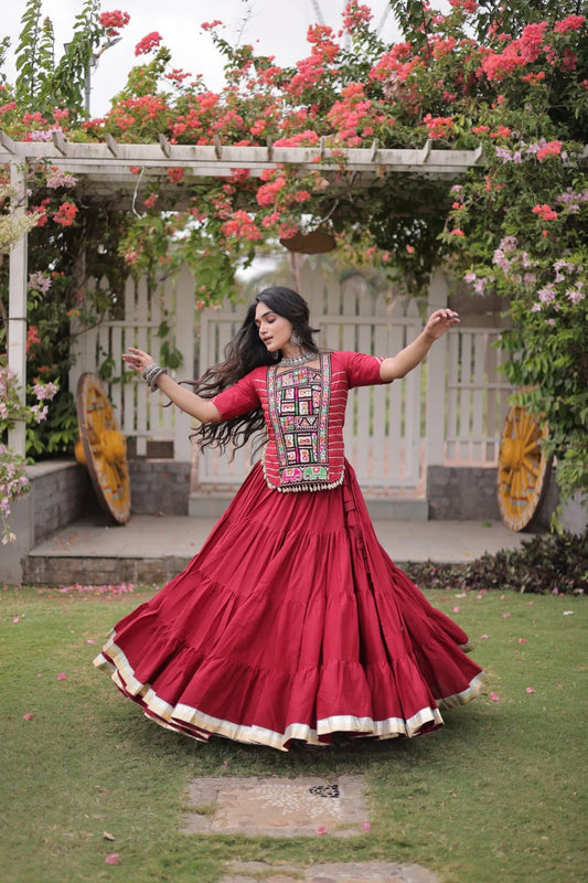 New Cotton Lehenga Choli Set with Kutchi Patchwork Blouse and 12 Meter Flared Lehenga
