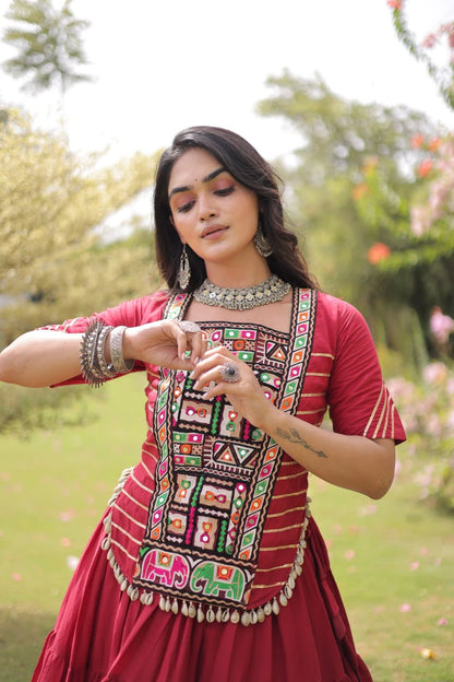New Cotton Lehenga Choli Set with Kutchi Patchwork Blouse and 12 Meter Flared Lehenga