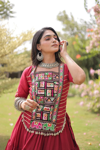 New Cotton Lehenga Choli Set with Kutchi Patchwork Blouse and 12 Meter Flared Lehenga