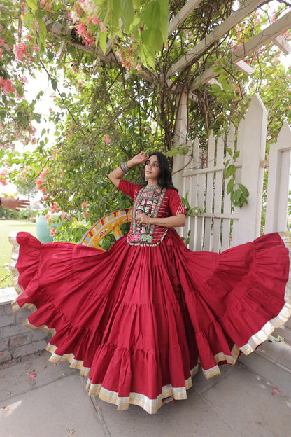 New Cotton Lehenga Choli Set with Kutchi Patchwork Blouse and 12 Meter Flared Lehenga