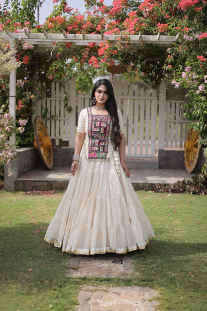 White Cotton Lehenga Choli Set with Kutchi Patchwork Blouse and 12 Meter Flared Lehenga