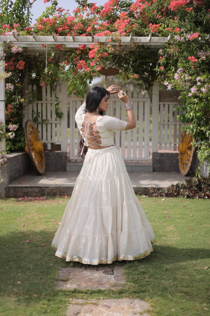 White Cotton Lehenga Choli Set with Kutchi Patchwork Blouse and 12 Meter Flared Lehenga
