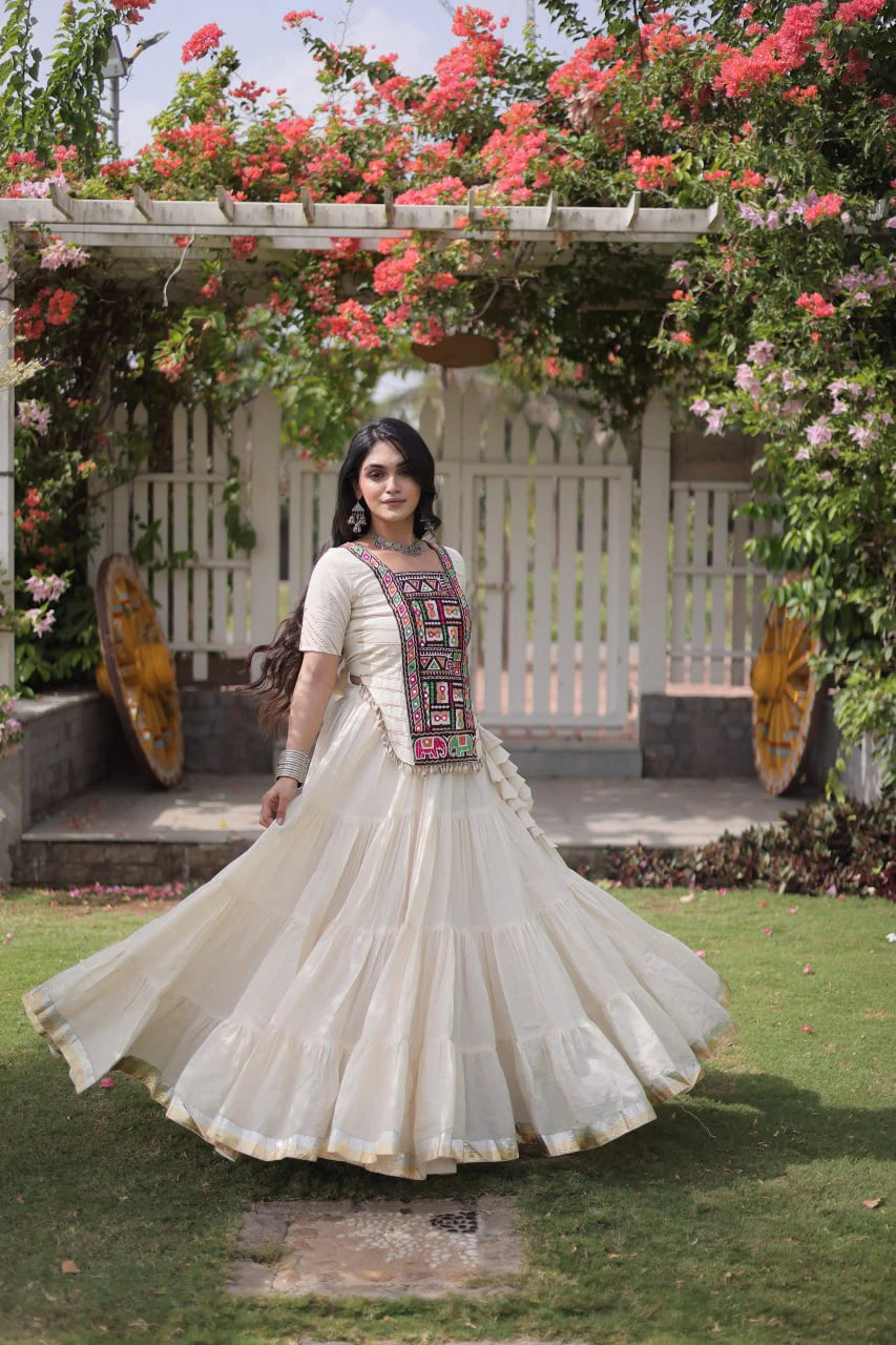 White Cotton Lehenga Choli Set with Kutchi Patchwork Blouse and 12 Meter Flared Lehenga