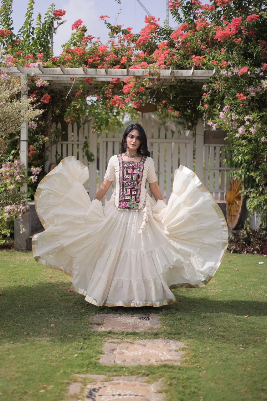 White Cotton Lehenga Choli Set with Kutchi Patchwork Blouse and 12 Meter Flared Lehenga