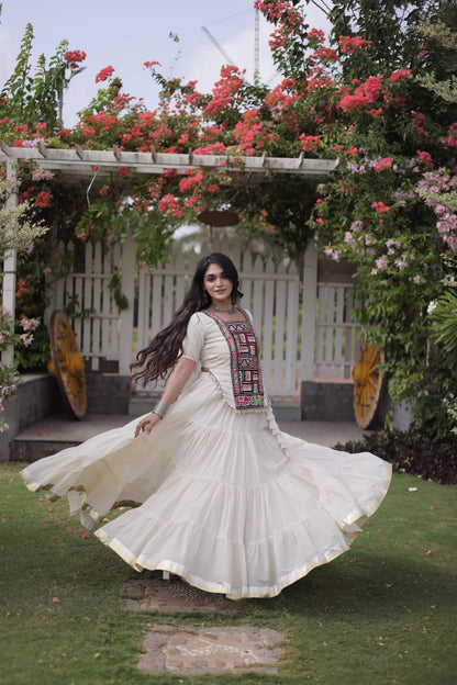 White Cotton Lehenga Choli Set with Kutchi Patchwork Blouse and 12 Meter Flared Lehenga